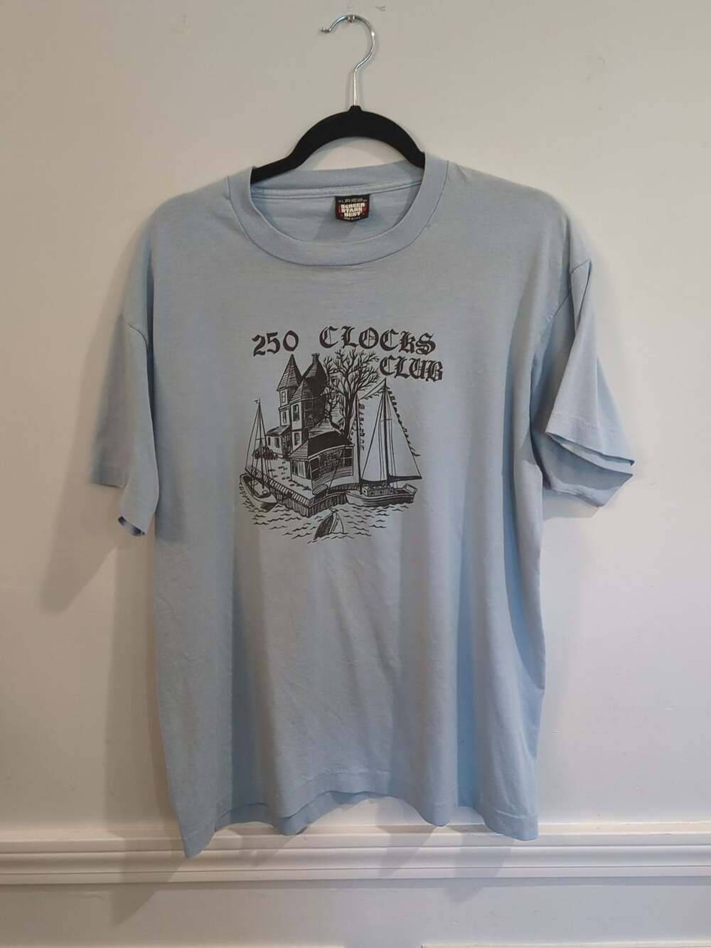 Vintage 1980s 250 Clocks Club Graphic T-Shirt Light Blue XL Screen Stars Best